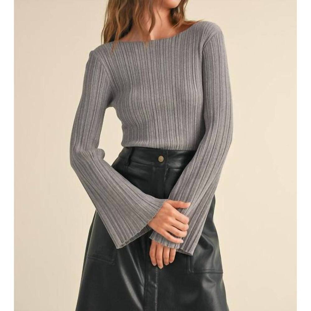NEW MIOU MUSE boat neck ribbed long sleeve top in gray